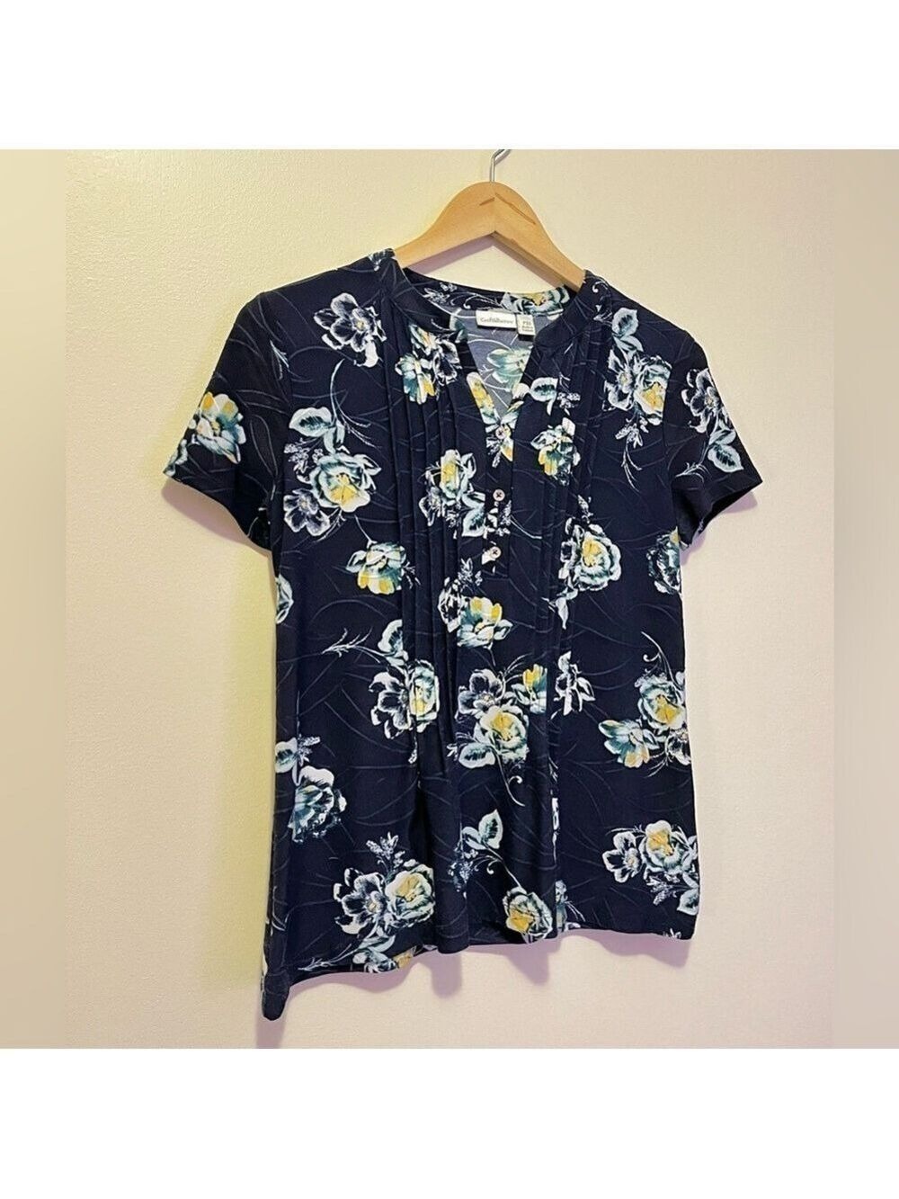 Croft & Barrow Navy Floral Blouse PXS summer spring resort feminine pleats